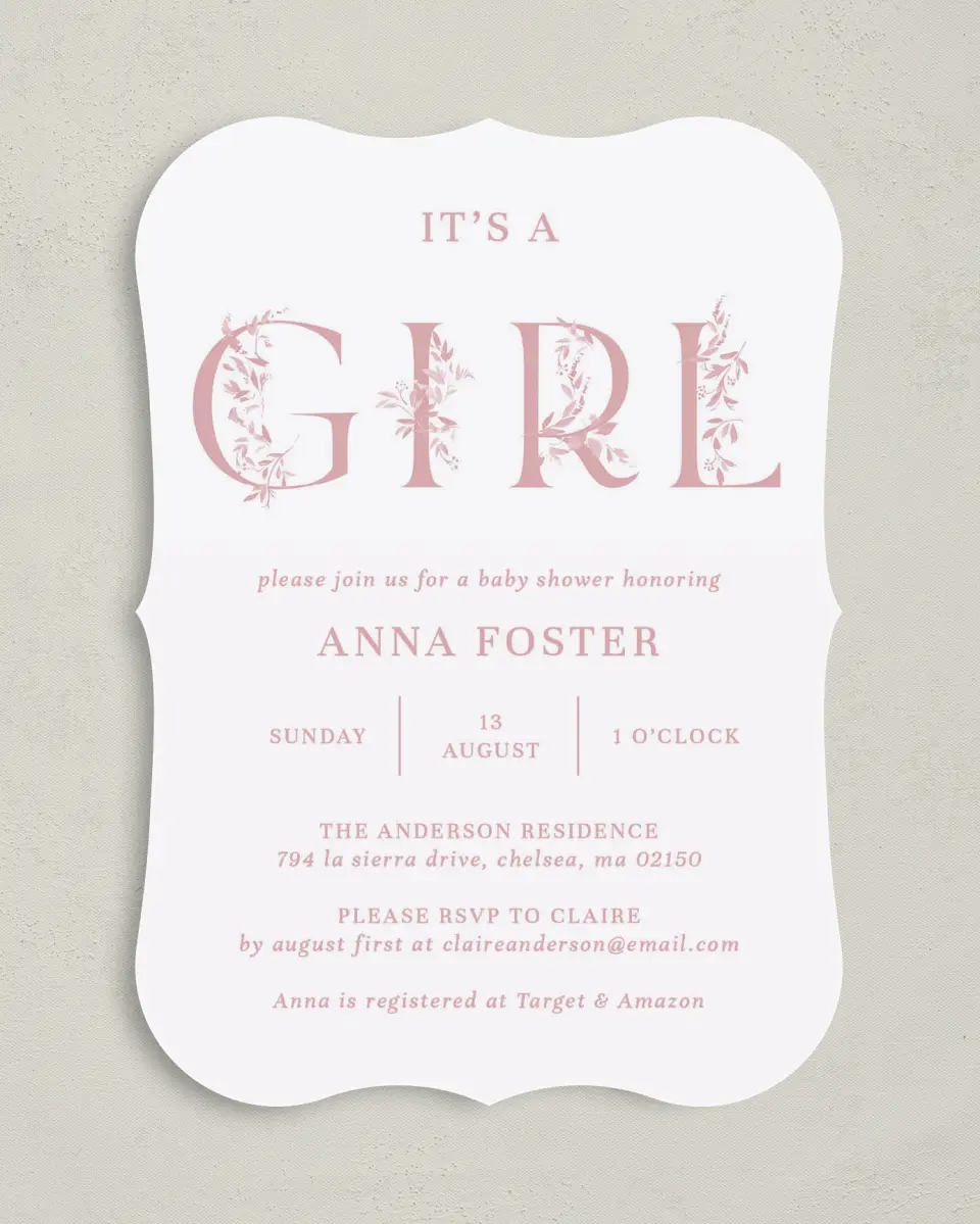 This is a 5" x 7" Baby Shower Invitation called Floral Girl printed in full color on Premium Smooth paper