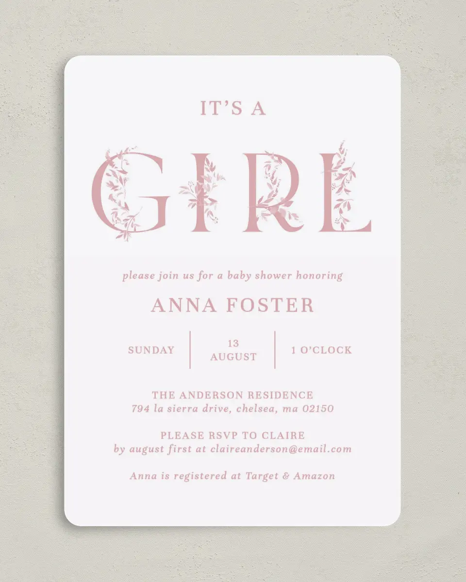 This is a 5" x 7" Baby Shower Invitation called Floral Girl printed in full color on Premium Smooth paper