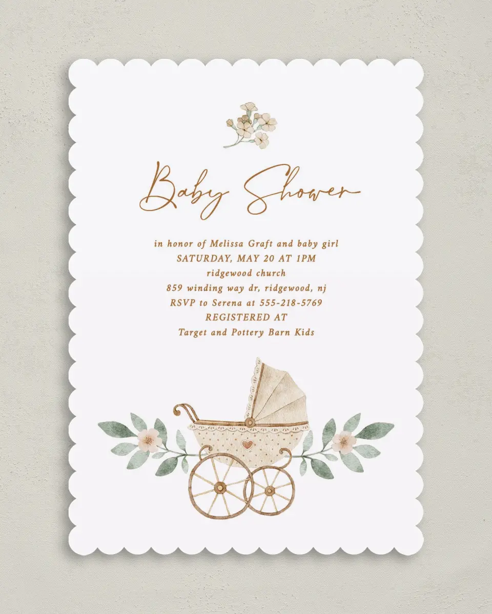 This is a 5" x 7" Baby Shower Invitation called Petite Carriage printed in full color on Premium Smooth paper