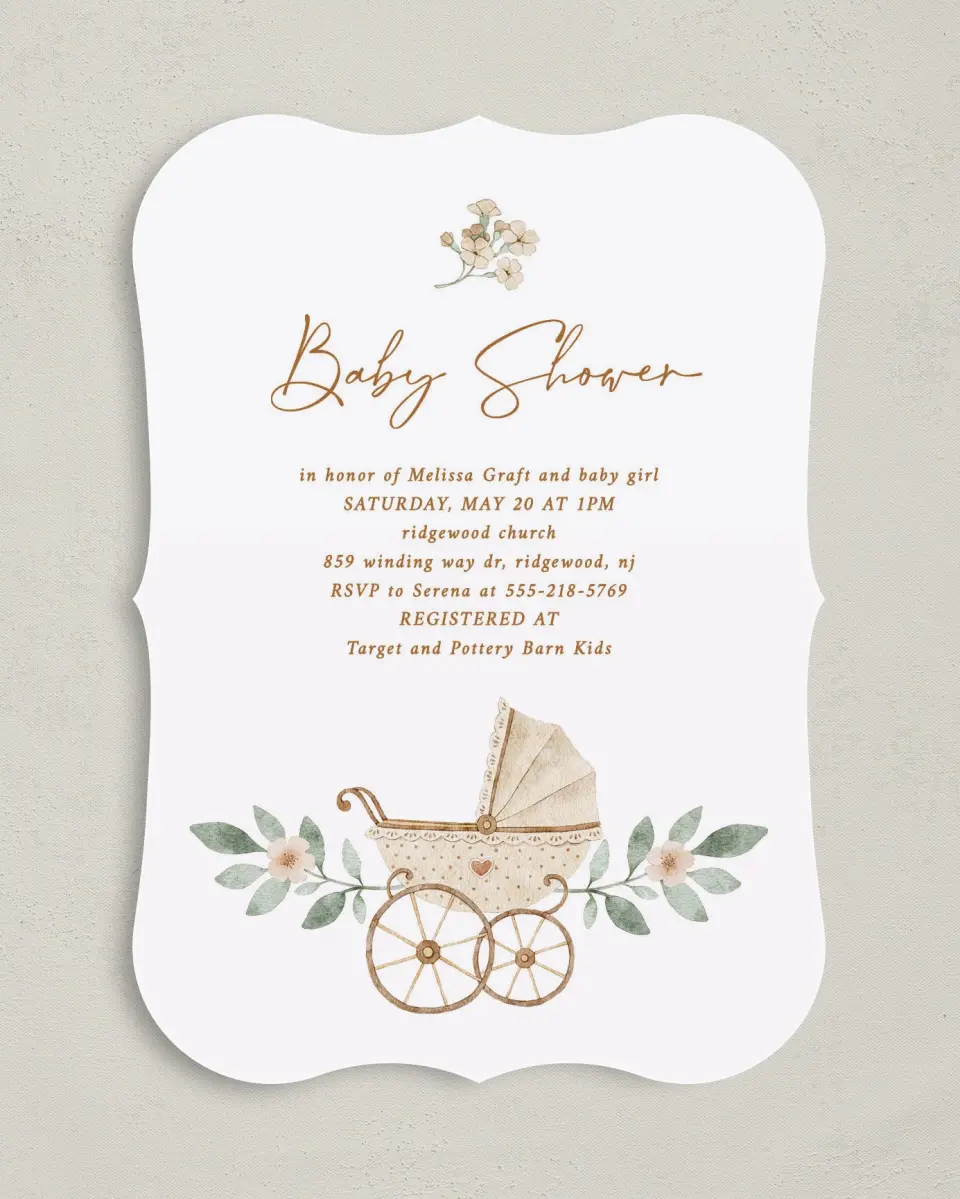 This is a 5" x 7" Baby Shower Invitation called Petite Carriage printed in full color on Premium Smooth paper