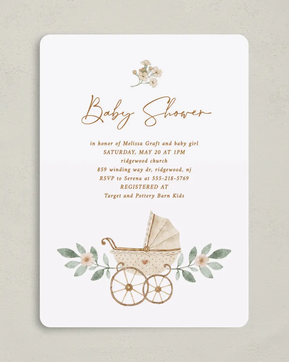 This is a 5" x 7" Baby Shower Invitation called Petite Carriage printed in full color on Premium Smooth paper