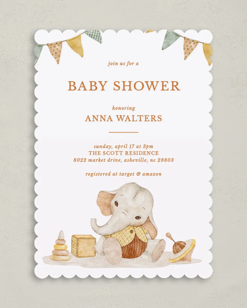 This is a 5" x 7" Baby Shower Invitation called Elephant Banner printed in full color on Premium Smooth paper