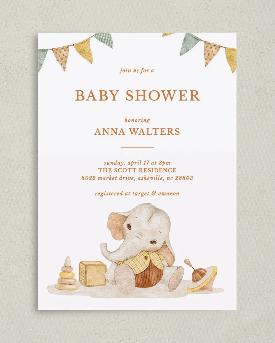 This is a 5" x 7" Baby Shower Invitation called Elephant Banner printed in full color on Premium Smooth paper