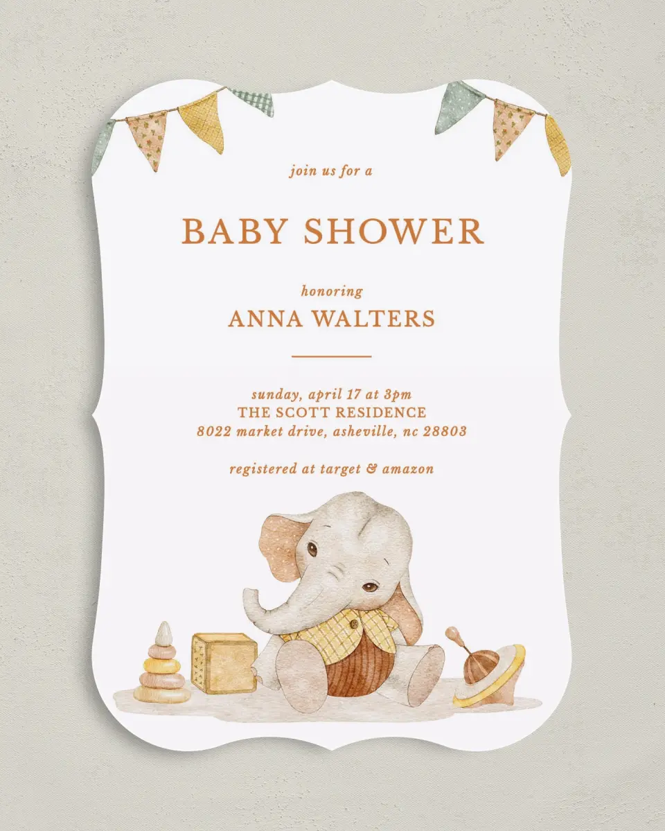 This is a 5" x 7" Baby Shower Invitation called Elephant Banner printed in full color on Premium Smooth paper