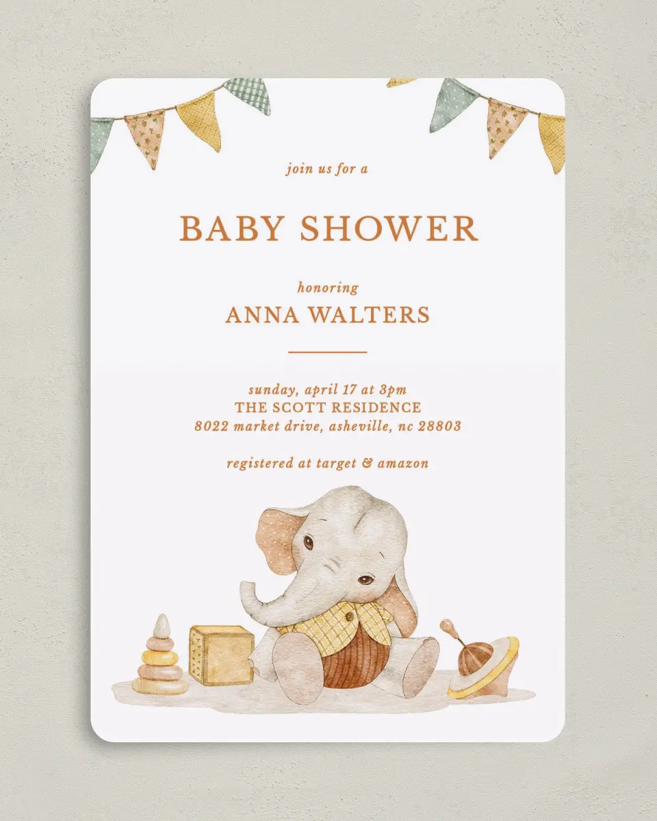 This is a 5" x 7" Baby Shower Invitation called Elephant Banner printed in full color on Premium Smooth paper