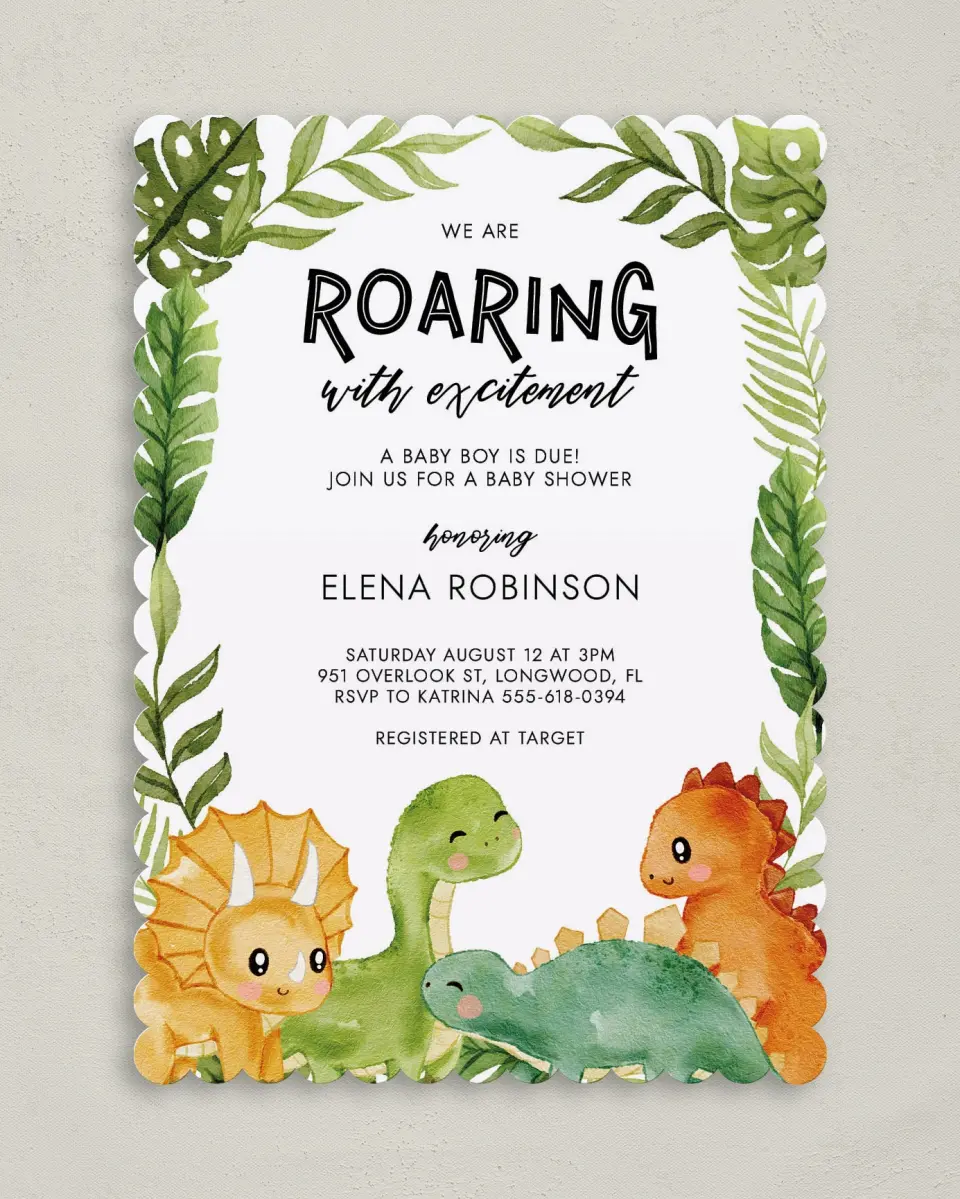 This is a 5" x 7" Baby Shower Invitation called Roaring Baby printed in full color on Premium Smooth paper