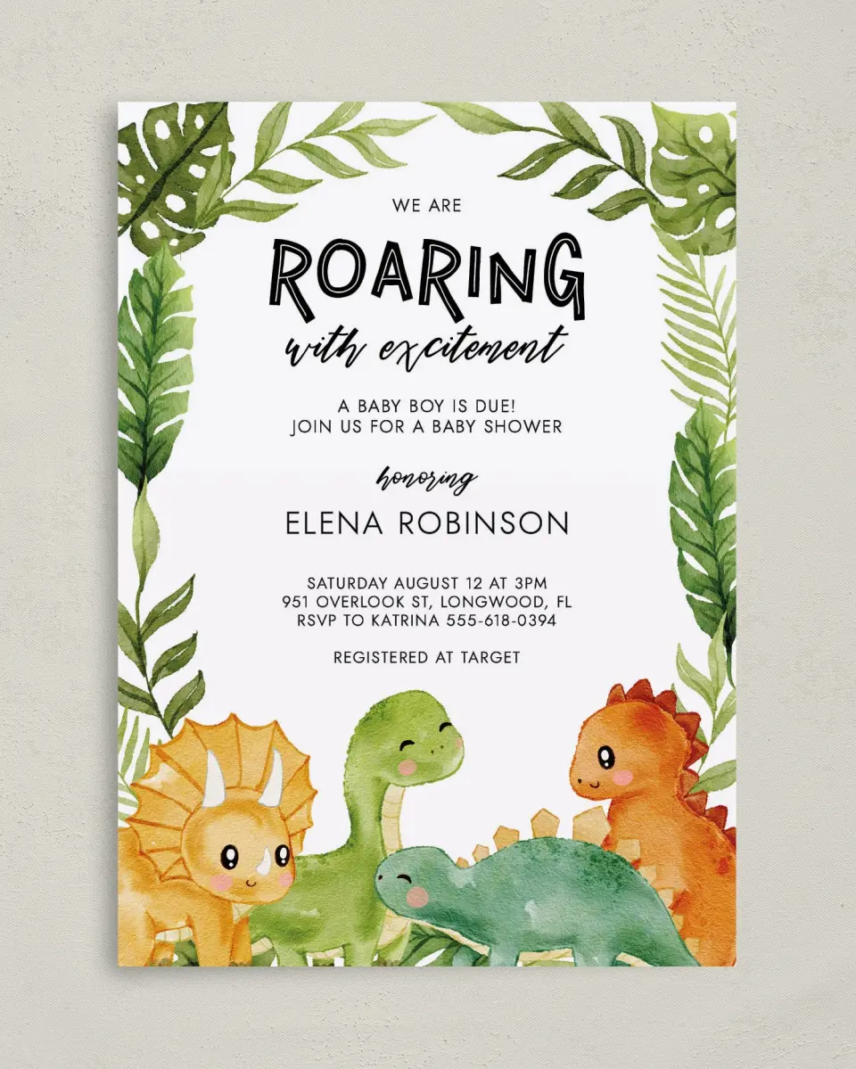 This is a 5" x 7" Baby Shower Invitation called Roaring Baby printed in full color on Premium Smooth paper