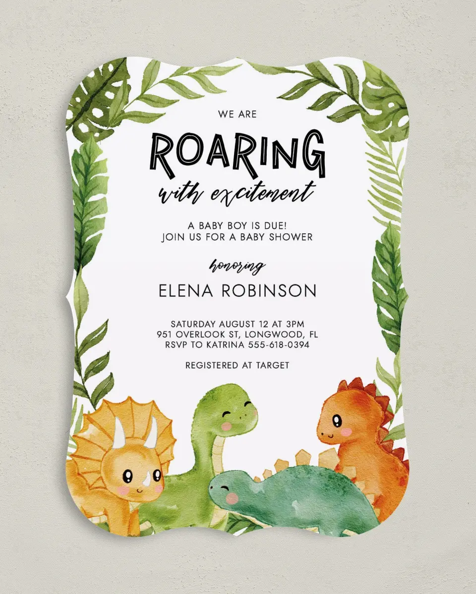 This is a 5" x 7" Baby Shower Invitation called Roaring Baby printed in full color on Premium Smooth paper