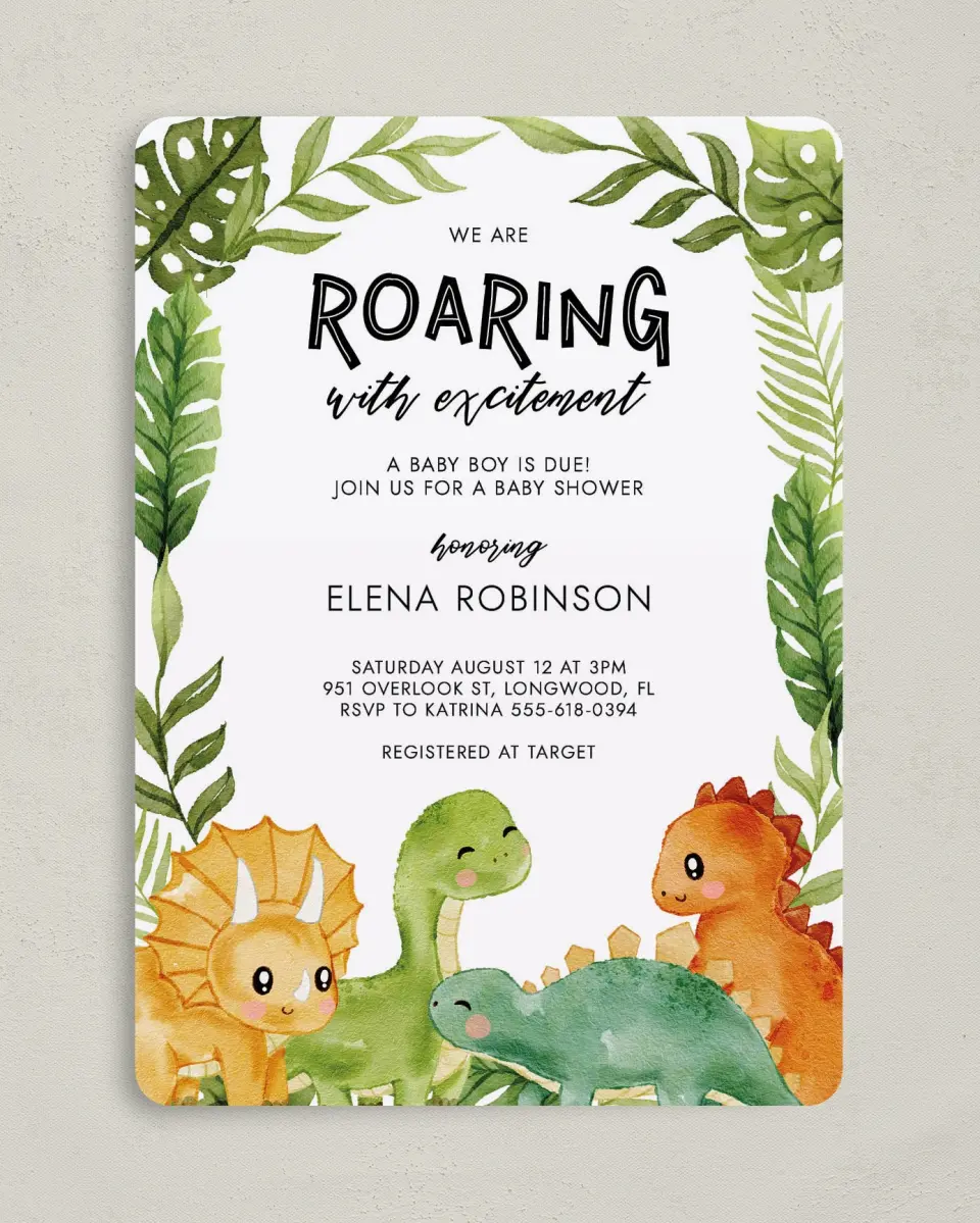 This is a 5" x 7" Baby Shower Invitation called Roaring Baby printed in full color on Premium Smooth paper