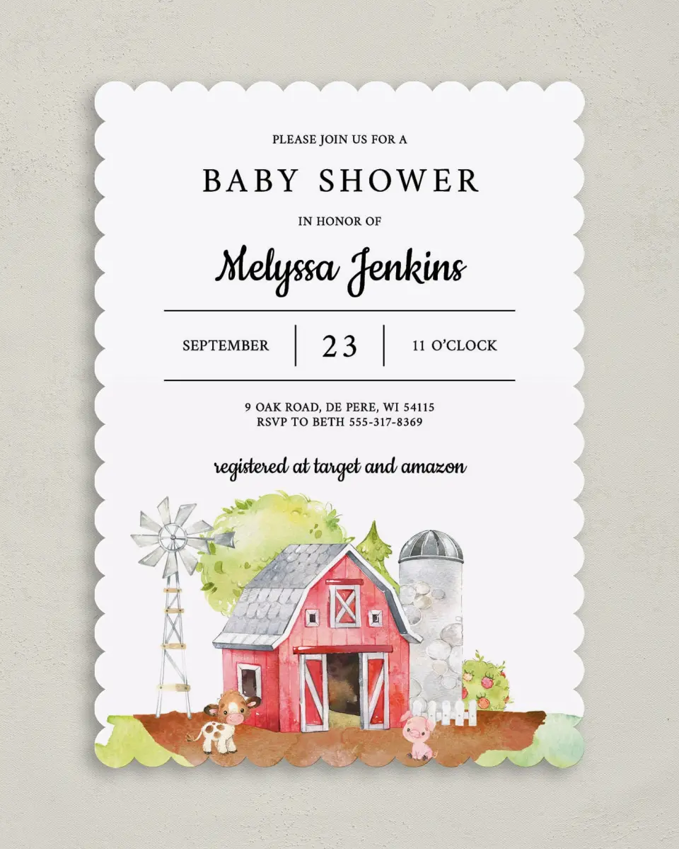This is a 5" x 7" Baby Shower Invitation called On the Farm printed in full color on Premium Smooth paper