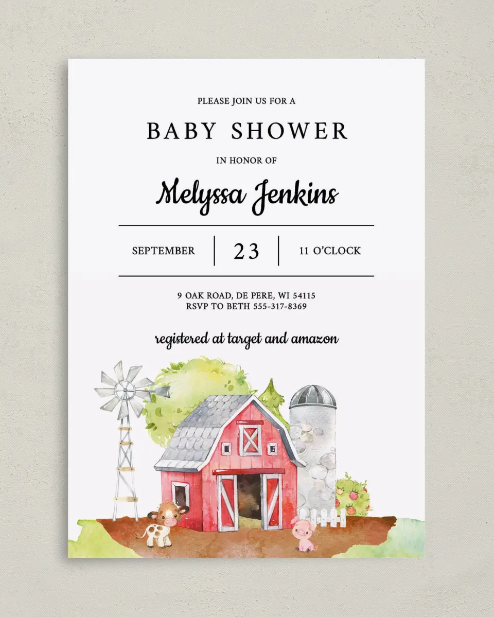 This is a 5" x 7" Baby Shower Invitation called On the Farm printed in full color on Premium Smooth paper
