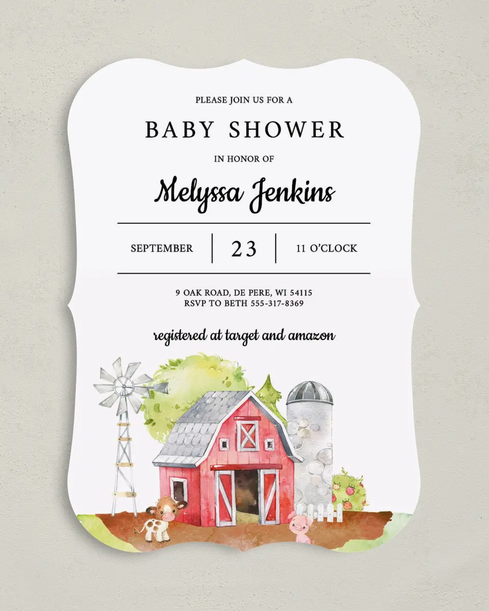 This is a 5" x 7" Baby Shower Invitation called On the Farm printed in full color on Premium Smooth paper