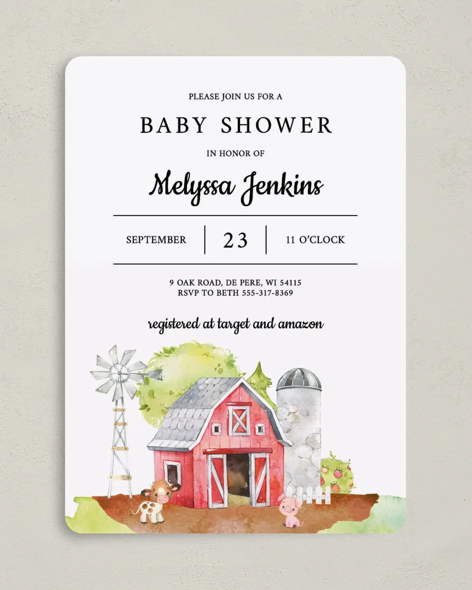 This is a 5" x 7" Baby Shower Invitation called On the Farm printed in full color on Premium Smooth paper