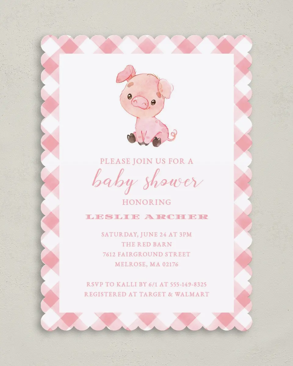 This is a 5" x 7" Baby Shower Invitation called Plaid Piggy printed in full color on Premium Smooth paper