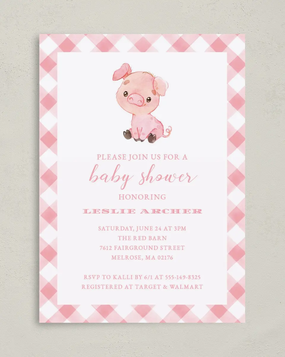 This is a 5" x 7" Baby Shower Invitation called Plaid Piggy printed in full color on Premium Smooth paper