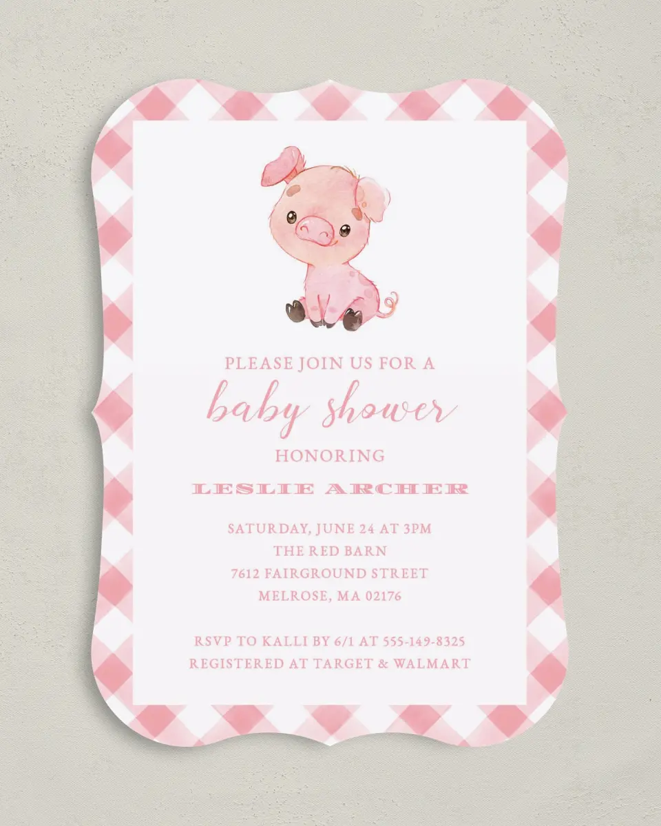 This is a 5" x 7" Baby Shower Invitation called Plaid Piggy printed in full color on Premium Smooth paper
