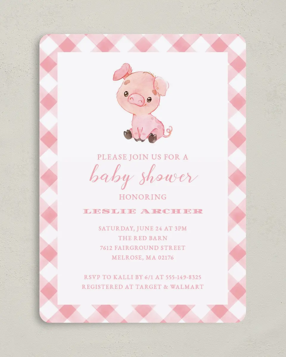 This is a 5" x 7" Baby Shower Invitation called Plaid Piggy printed in full color on Premium Smooth paper