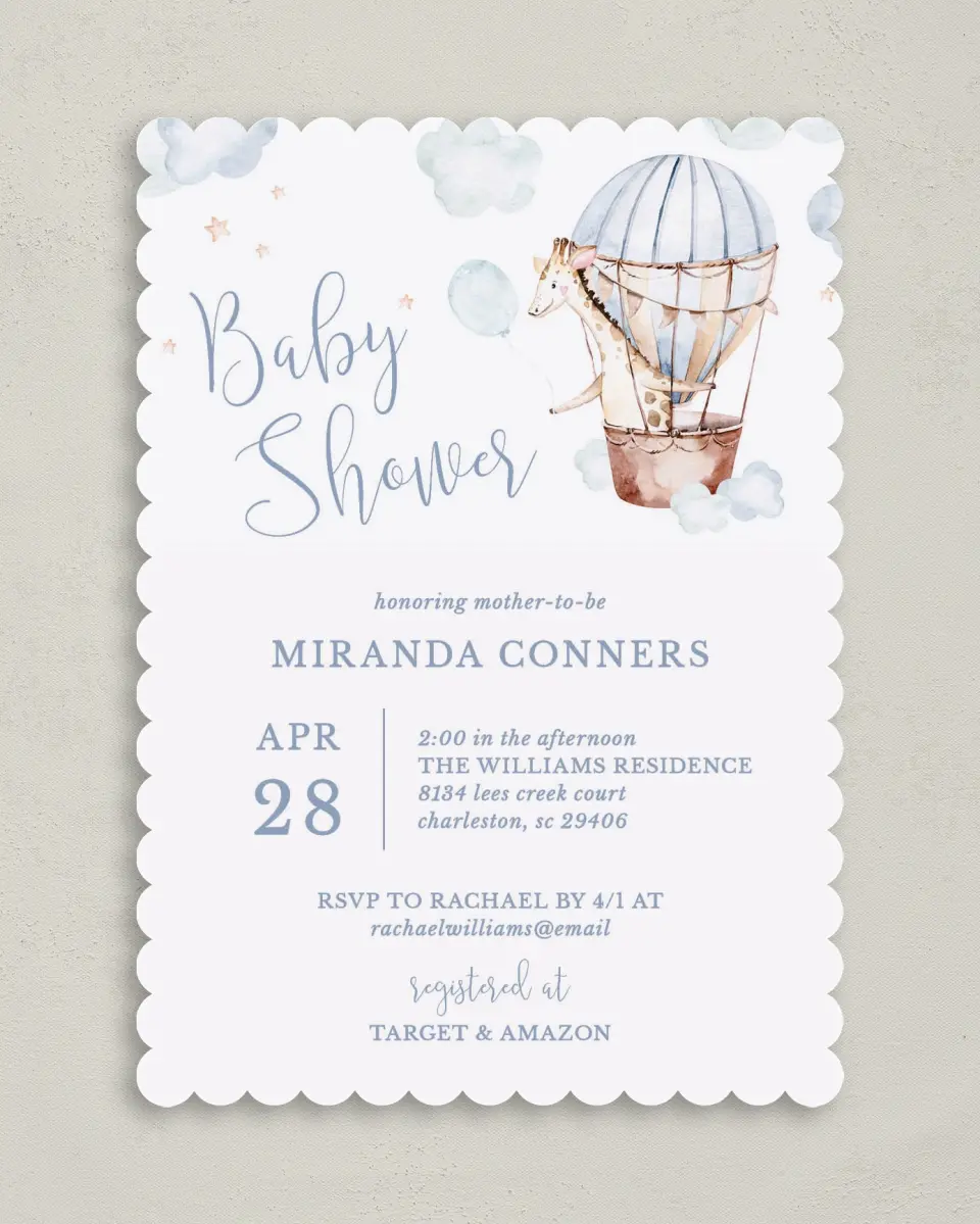 This is a 5" x 7" Baby Shower Invitation called Baby Balloon Ride printed in full color on Premium Smooth paper