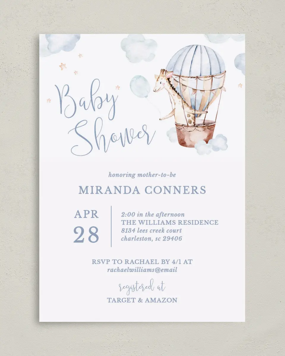 This is a 5" x 7" Baby Shower Invitation called Baby Balloon Ride printed in full color on Premium Smooth paper