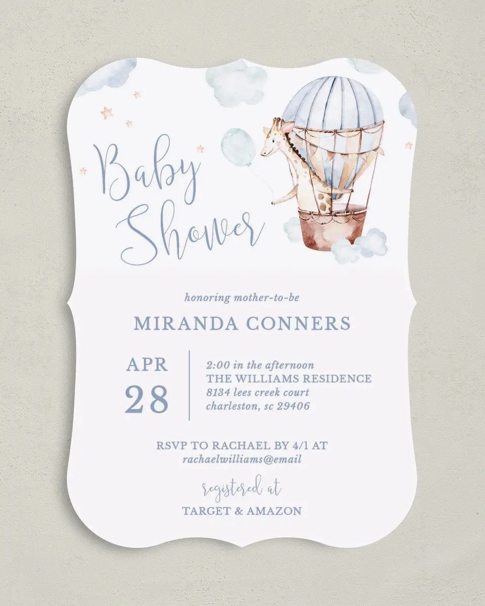 This is a 5" x 7" Baby Shower Invitation called Baby Balloon Ride printed in full color on Premium Smooth paper