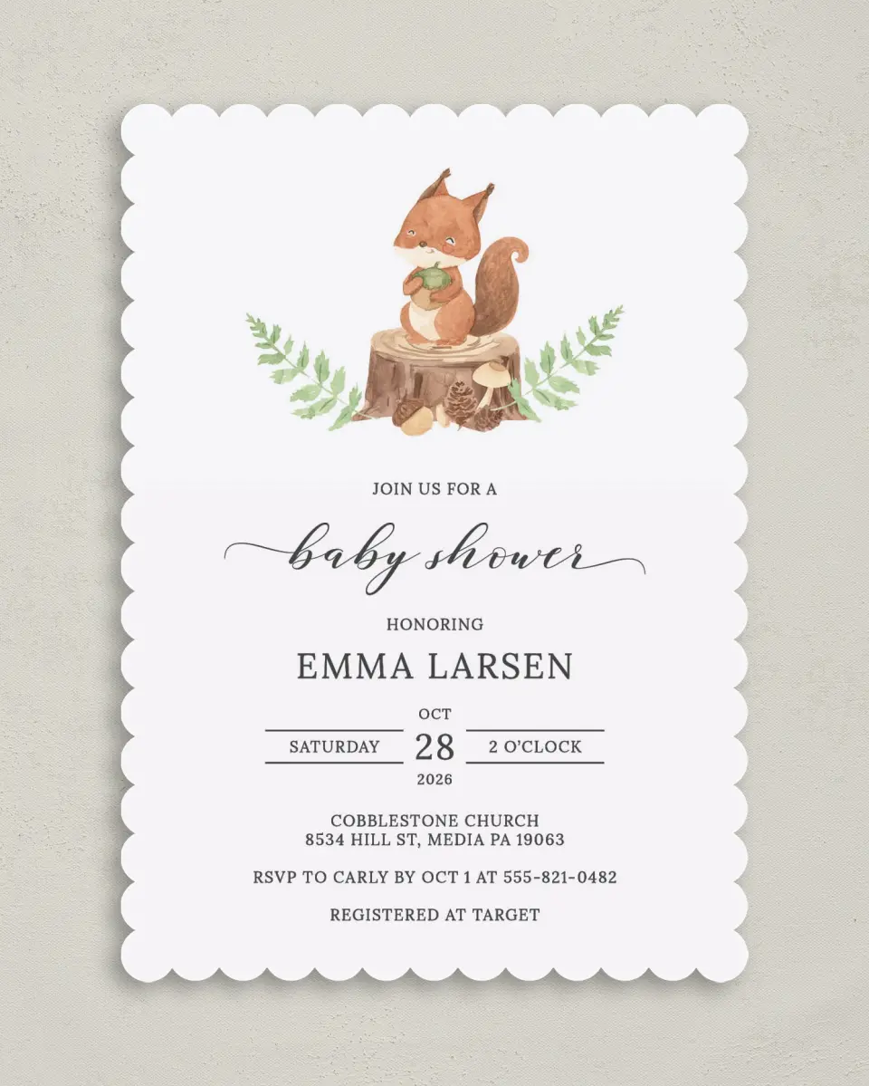 This is a 5" x 7" Baby Shower Invitation called Sweet Squirrel printed in full color on Premium Smooth paper