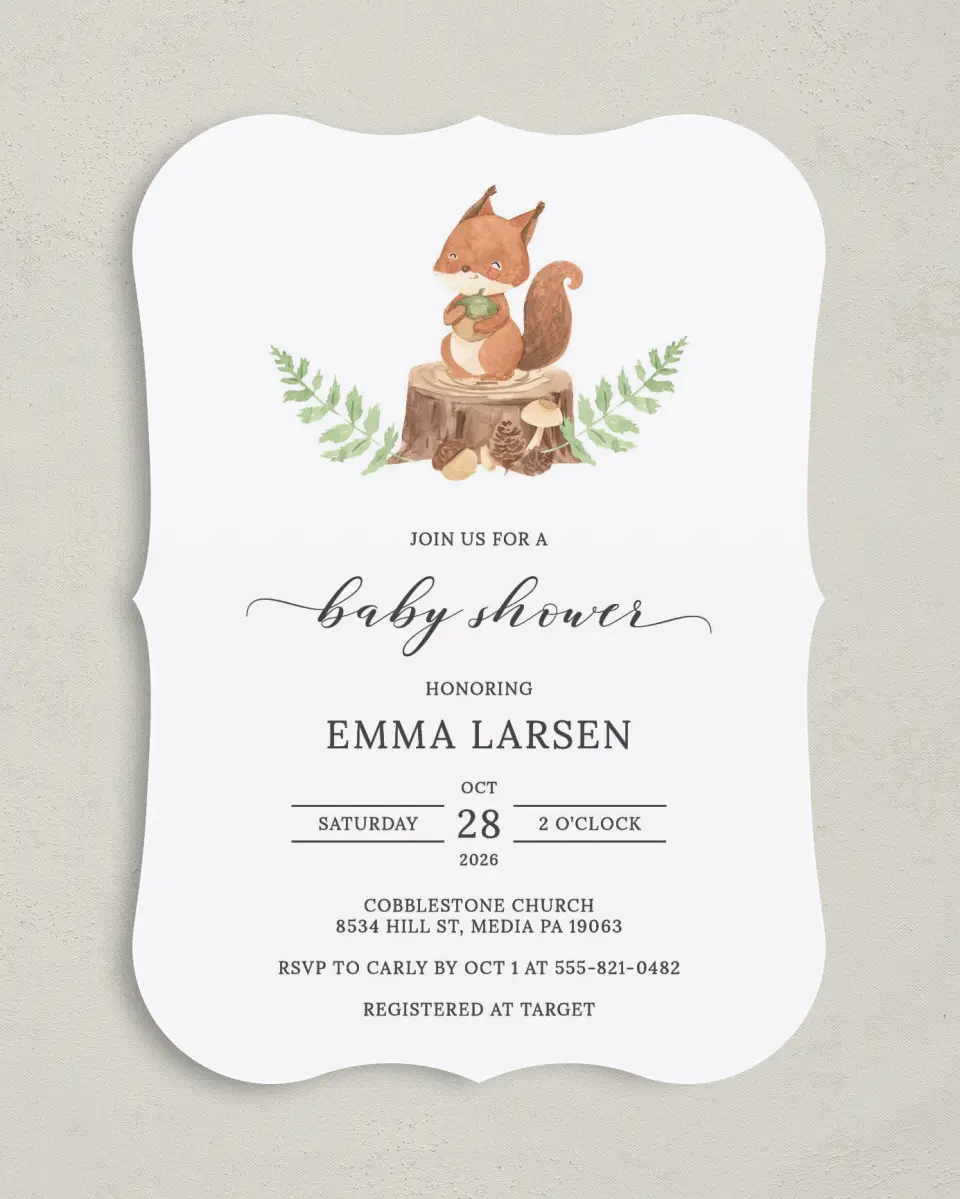 This is a 5" x 7" Baby Shower Invitation called Sweet Squirrel printed in full color on Premium Smooth paper