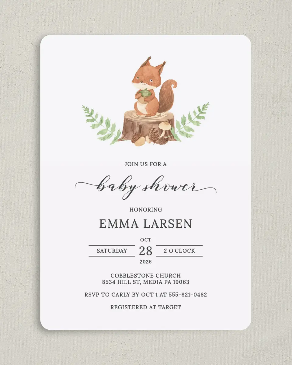 This is a 5" x 7" Baby Shower Invitation called Sweet Squirrel printed in full color on Premium Smooth paper