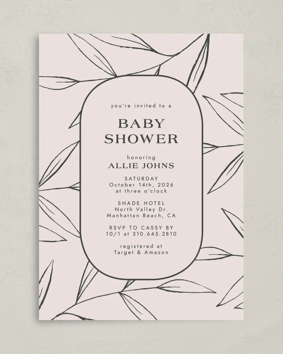This is a 5" x 7" Baby Shower Invitation called Botanical Babe printed in full color on Premium Smooth paper