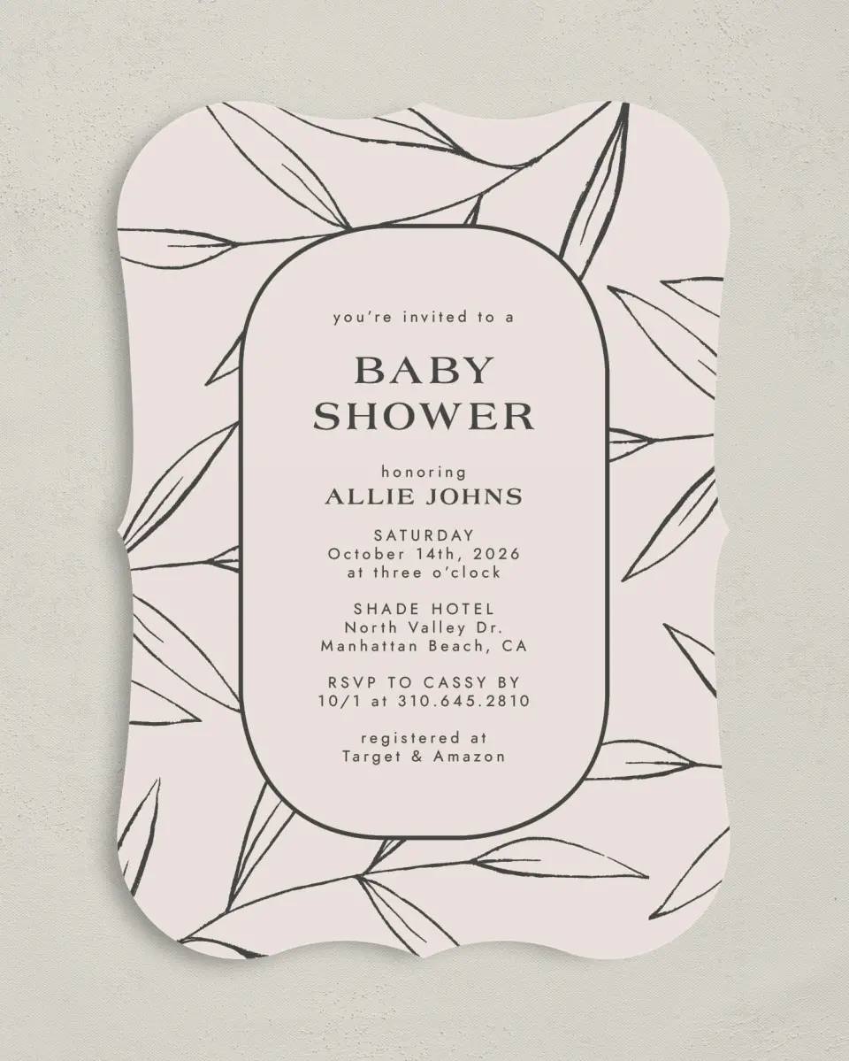 This is a 5" x 7" Baby Shower Invitation called Botanical Babe printed in full color on Premium Smooth paper