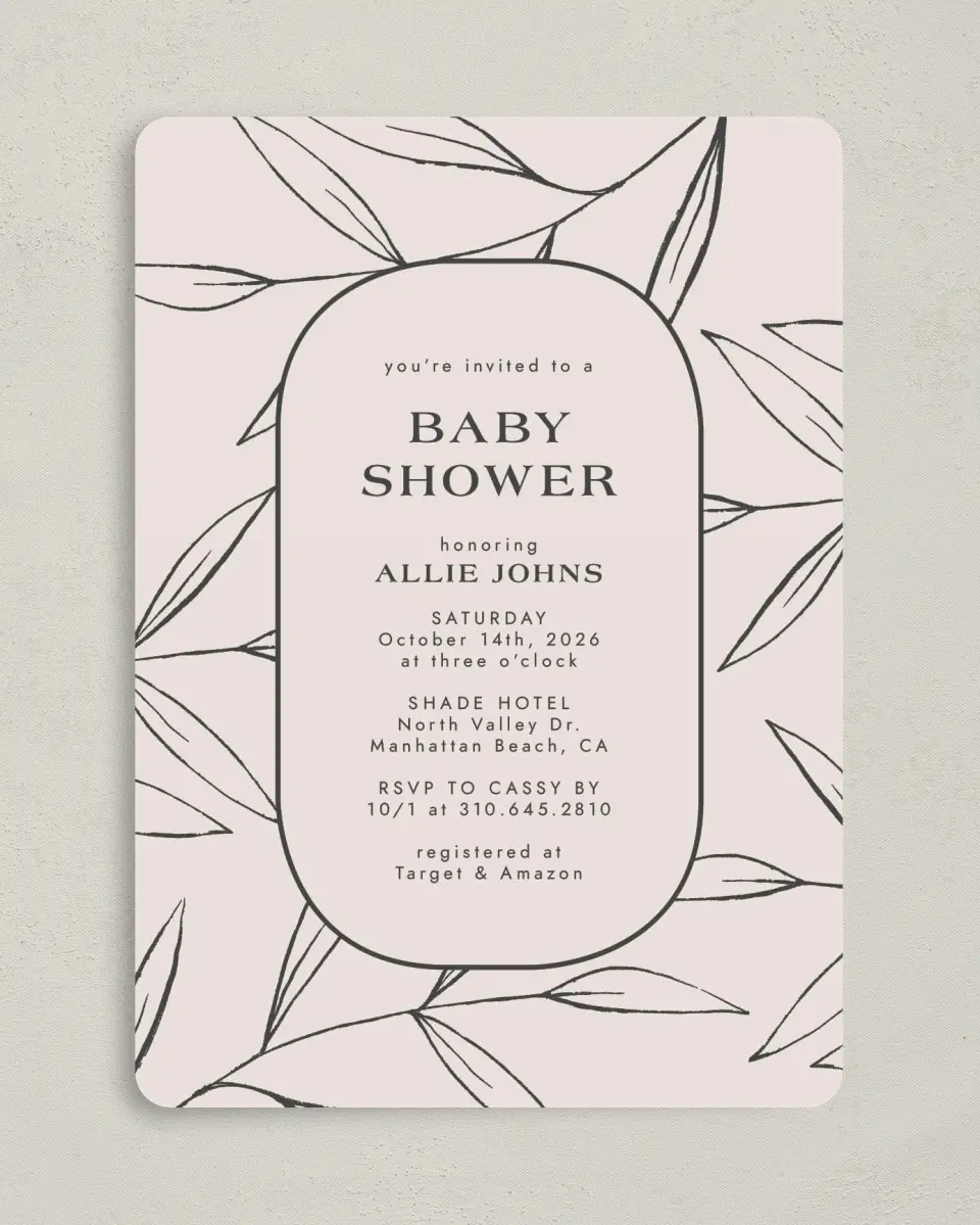 This is a 5" x 7" Baby Shower Invitation called Botanical Babe printed in full color on Premium Smooth paper