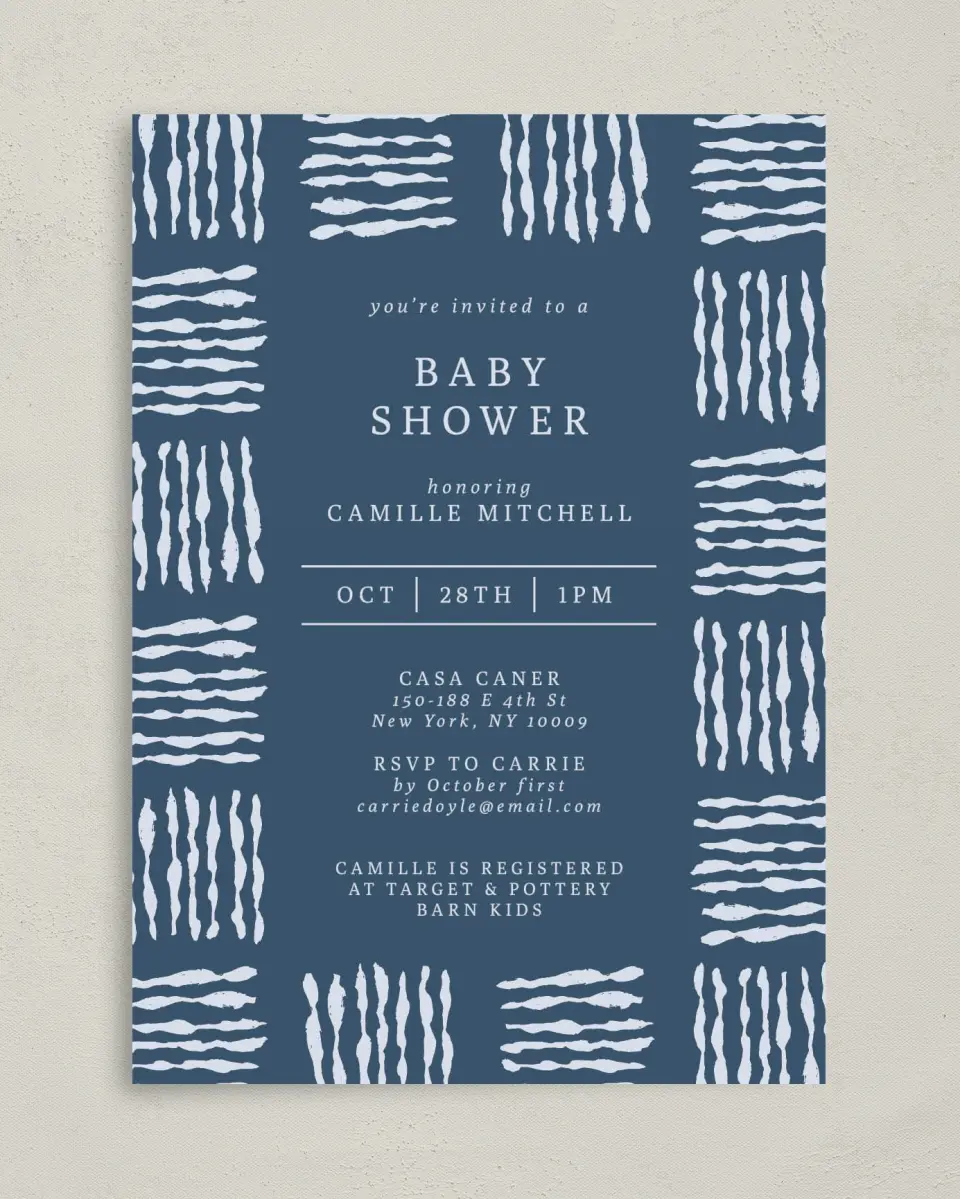 This is a 5" x 7" Baby Shower Invitation called Shower Threads printed in full color on Premium Smooth paper