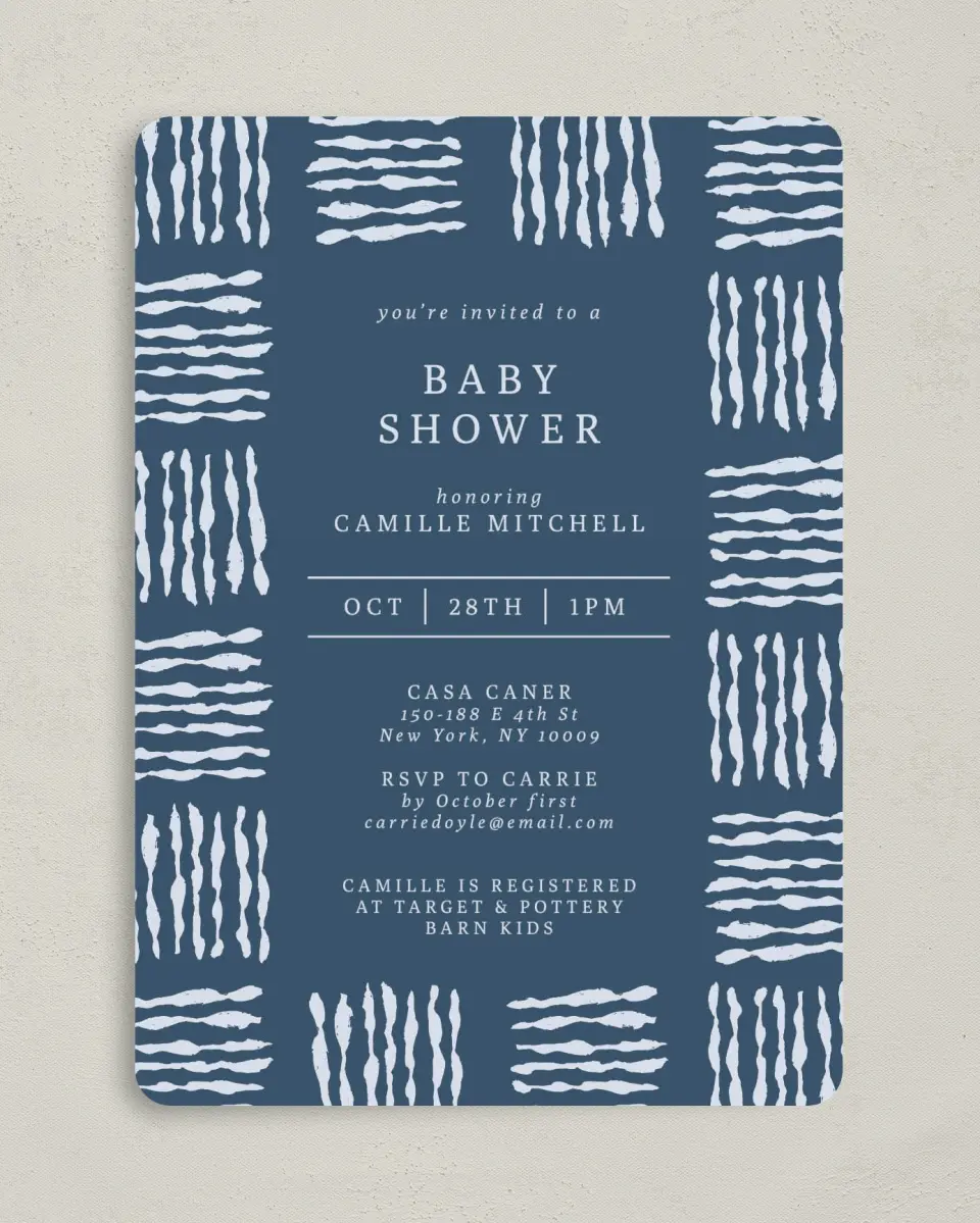 This is a 5" x 7" Baby Shower Invitation called Shower Threads printed in full color on Premium Smooth paper