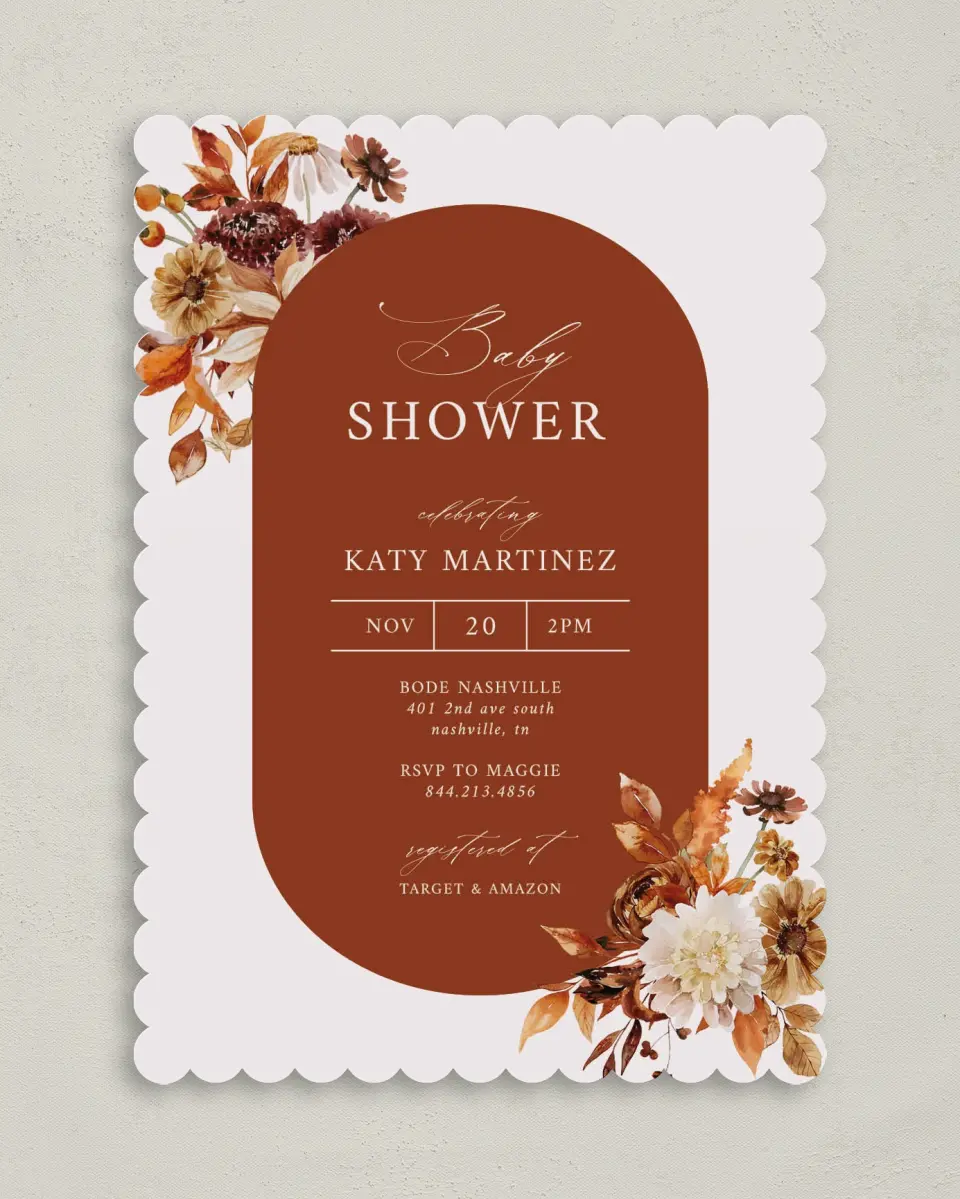 This is a 5" x 7" Baby Shower Invitation called Autumn Shower printed in full color on Premium Smooth paper