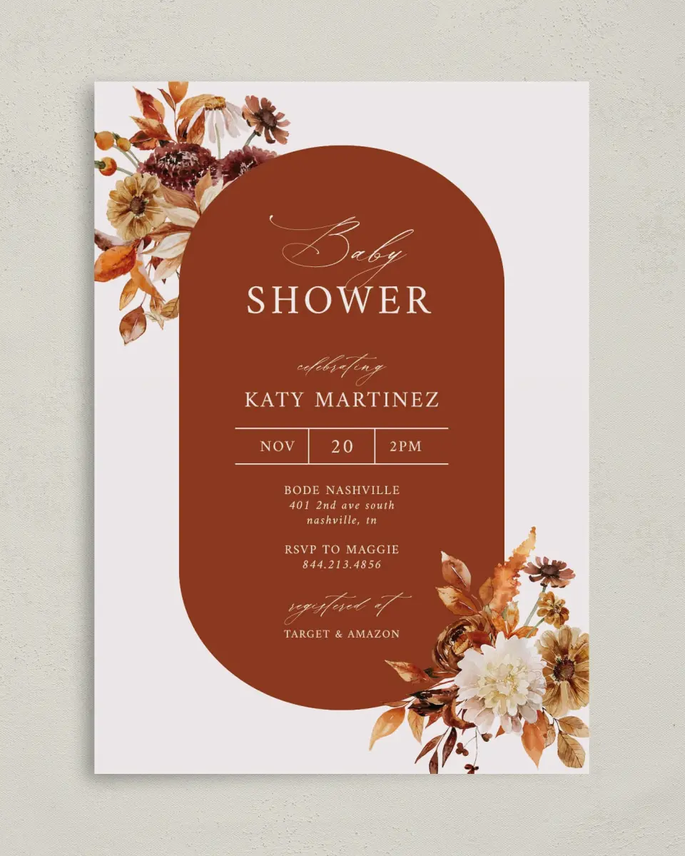 This is a 5" x 7" Baby Shower Invitation called Autumn Shower printed in full color on Premium Smooth paper