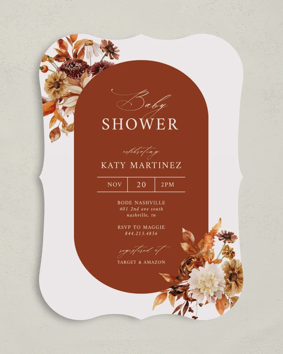 This is a 5" x 7" Baby Shower Invitation called Autumn Shower printed in full color on Premium Smooth paper