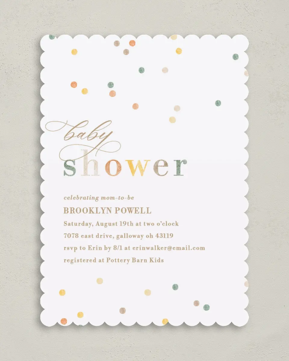 This is a 5" x 7" Baby Shower Invitation called Cute Confetti printed in full color on Premium Smooth paper