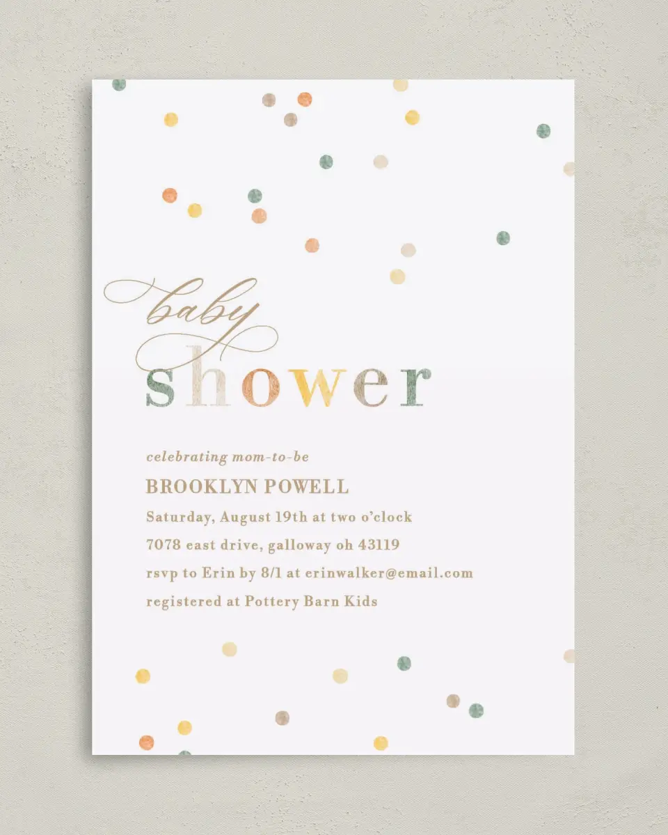 This is a 5" x 7" Baby Shower Invitation called Cute Confetti printed in full color on Premium Smooth paper