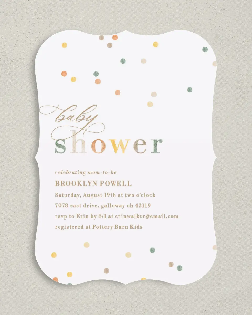 This is a 5" x 7" Baby Shower Invitation called Cute Confetti printed in full color on Premium Smooth paper