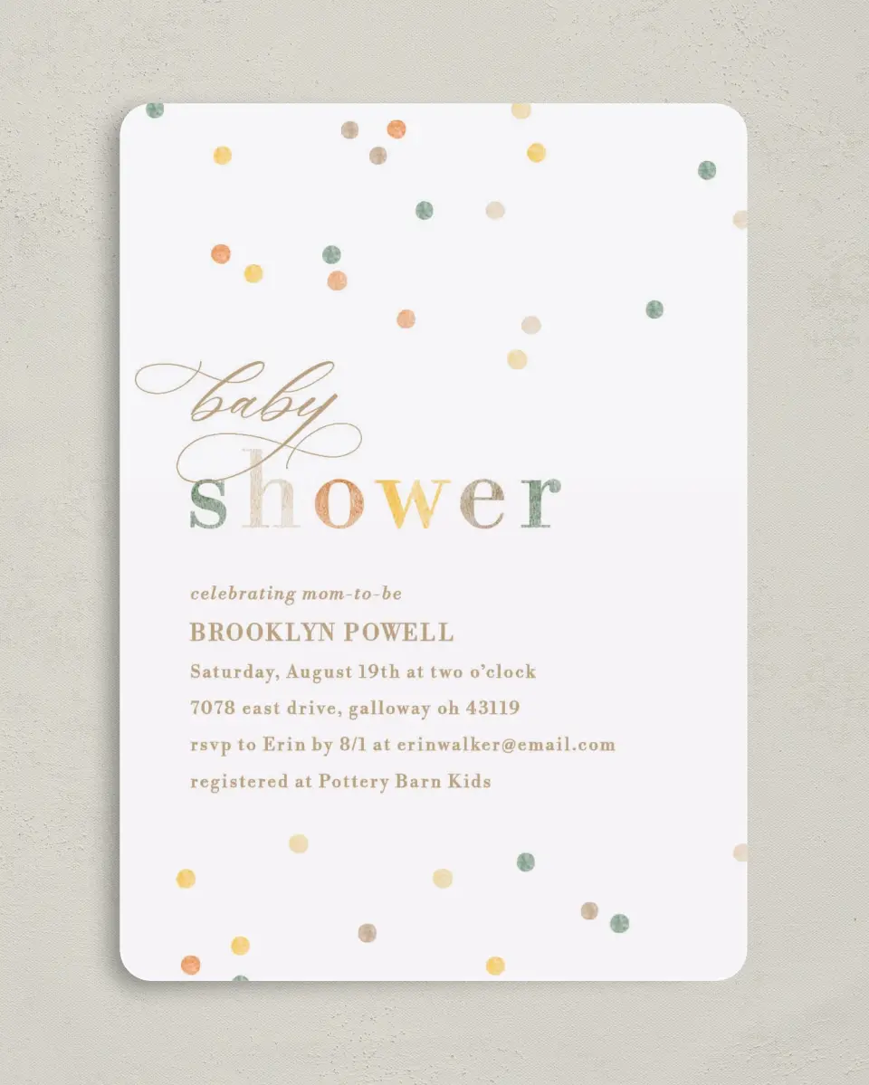 This is a 5" x 7" Baby Shower Invitation called Cute Confetti printed in full color on Premium Smooth paper