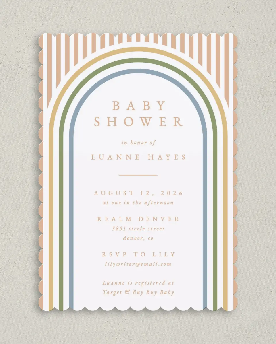 This is a 5" x 7" Baby Shower Invitation called Rainbow Stripes printed in full color on Premium Smooth paper