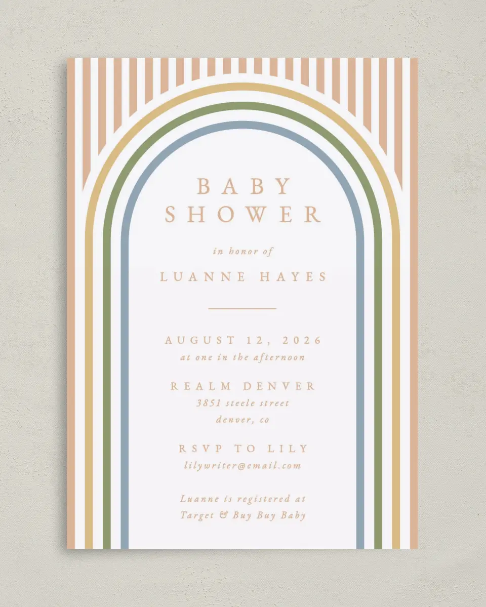 This is a 5" x 7" Baby Shower Invitation called Rainbow Stripes printed in full color on Premium Smooth paper