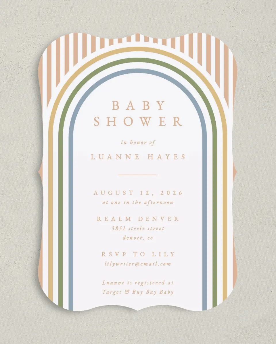 This is a 5" x 7" Baby Shower Invitation called Rainbow Stripes printed in full color on Premium Smooth paper
