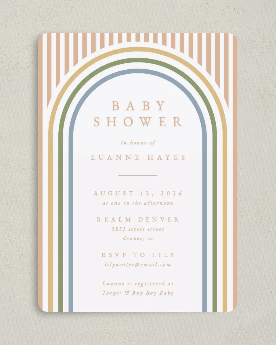 This is a 5" x 7" Baby Shower Invitation called Rainbow Stripes printed in full color on Premium Smooth paper