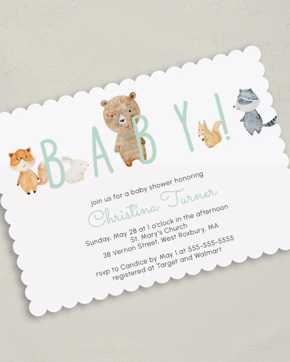This is a 5" x 7" Baby Shower Invitation called Creature Peek printed in full color on Premium Smooth paper
