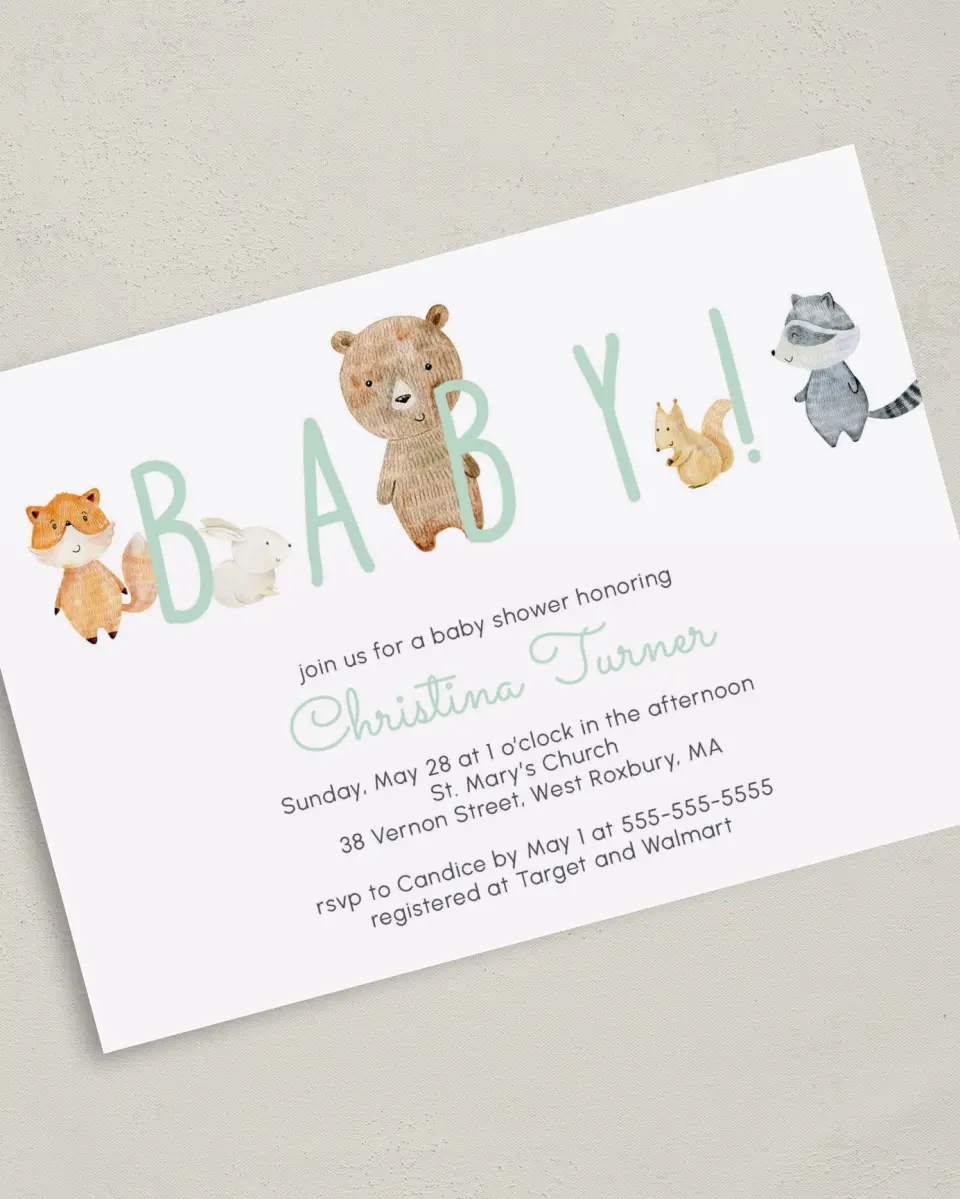 This is a 5" x 7" Baby Shower Invitation called Creature Peek printed in full color on Premium Smooth paper