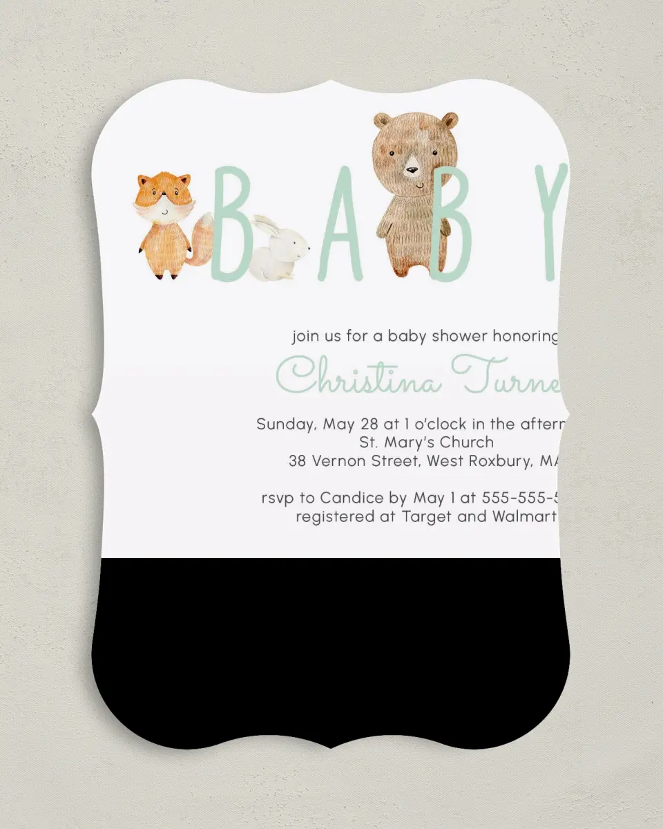 This is a 5" x 7" Baby Shower Invitation called Creature Peek printed in full color on Premium Smooth paper