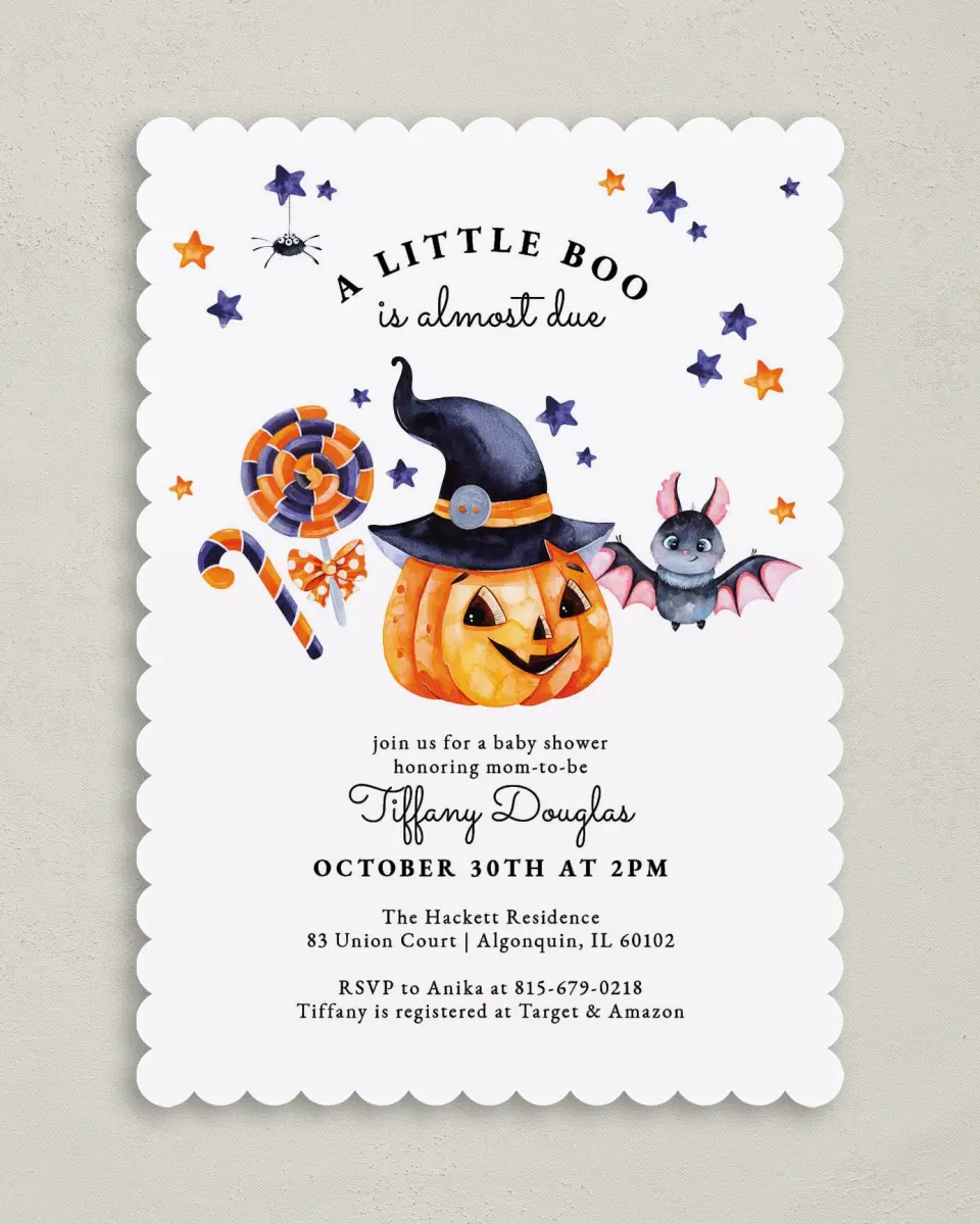 This is a 5" x 7" Baby Shower Invitation called Little Boo printed in full color on Premium Smooth paper