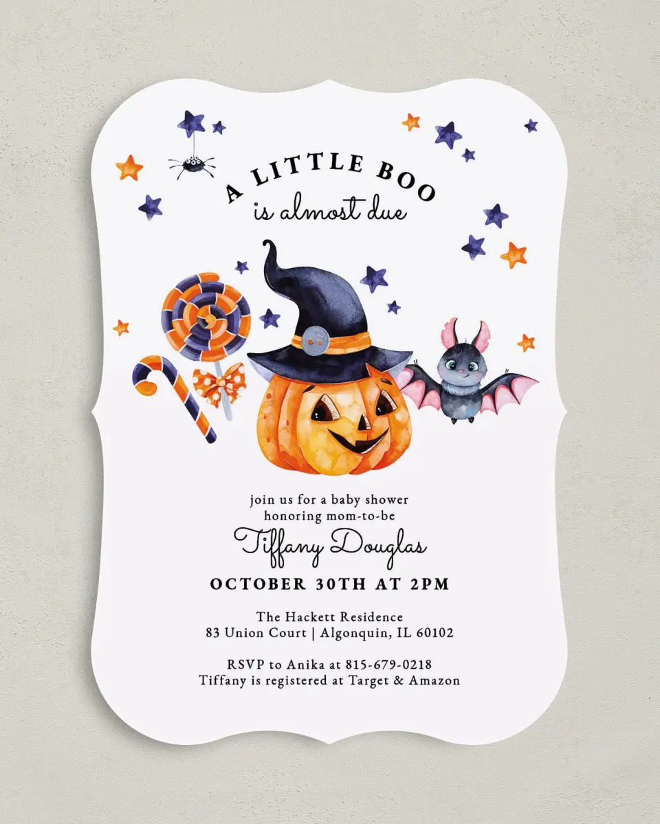 This is a 5" x 7" Baby Shower Invitation called Little Boo printed in full color on Premium Smooth paper