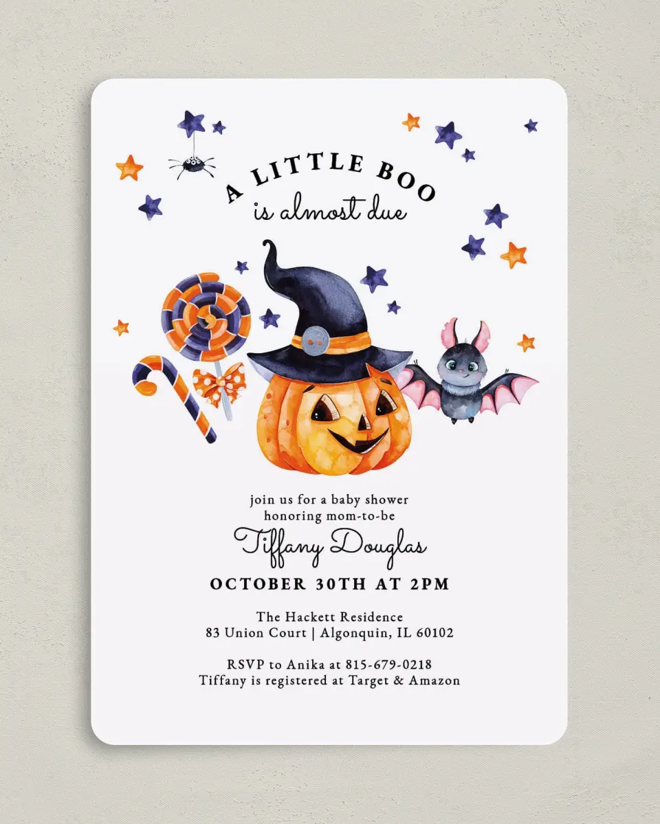 This is a 5" x 7" Baby Shower Invitation called Little Boo printed in full color on Premium Smooth paper