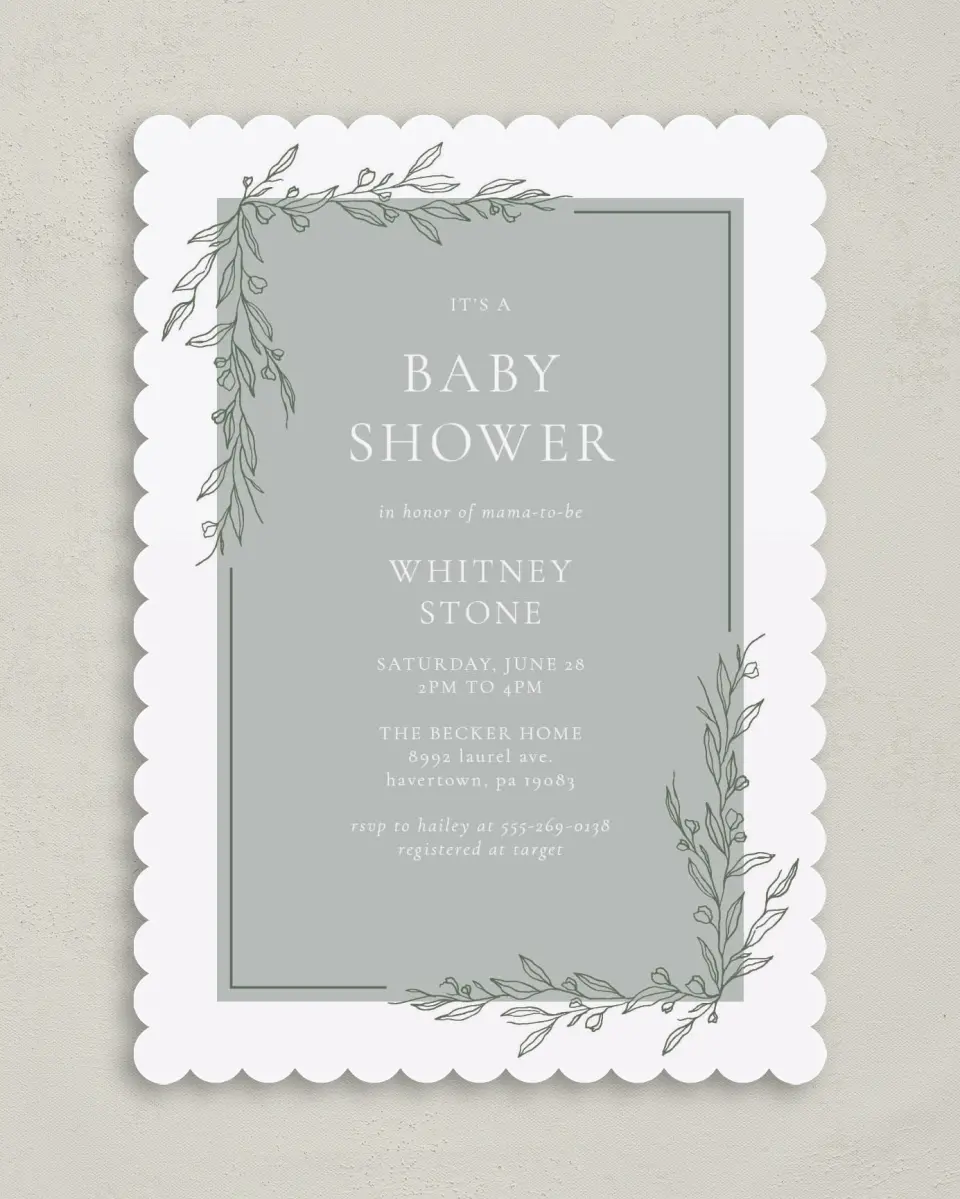 This is a 5" x 7" Baby Shower Invitation called Baby Branches printed in full color on Premium Smooth paper